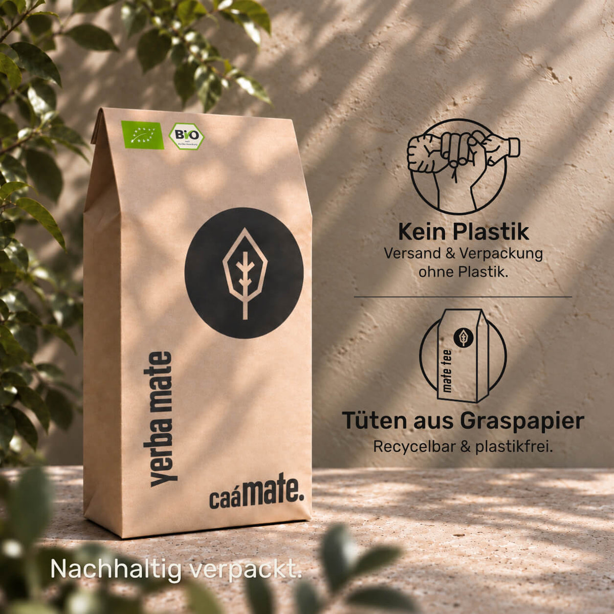 caámate Yerba Mate in einer braunen Papierverpackung mit Blattlogo.