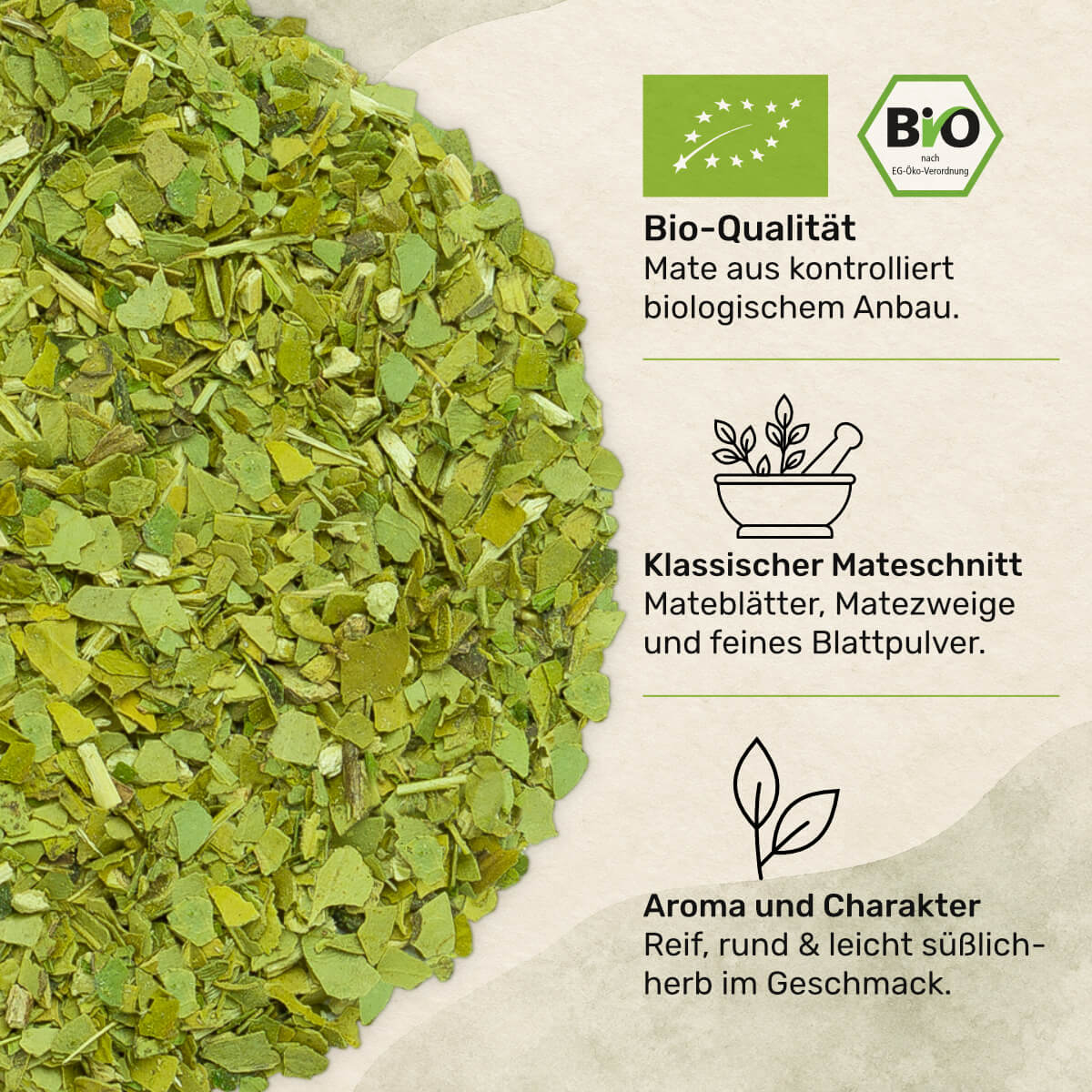 Geschnittene Yerba-Mate-Blätter in Nahaufnahme mit Informationen zur Qualität und zum Blattschnitt.